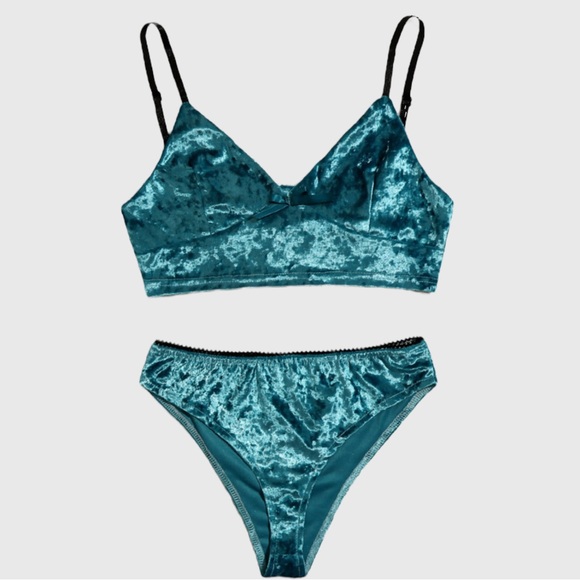 NWT Teal & Black Crushed Velvet Bow Longline Cami & Panty Sleep Lingerie Set - Picture 8 of 9